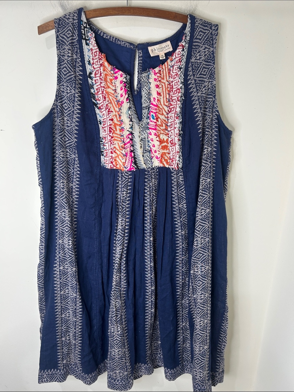 NWT Philosophy Blue Embroidered Cotton Boho Sleeveless Dress Size 1X - Picture 2 of 16